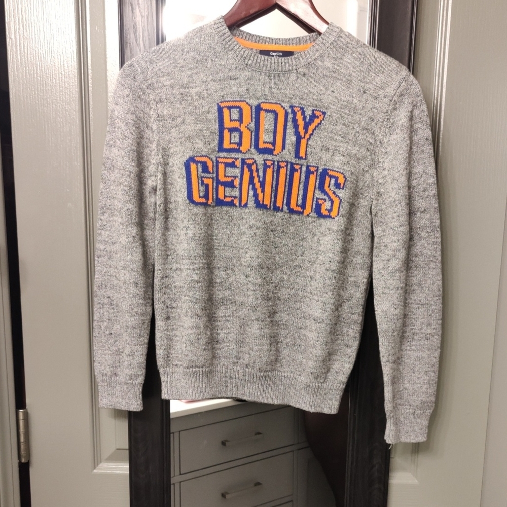 🎉4/$20 GAP Gray Crewneck Sweater with Bold 'BOY GENIUS' Orange And Blue Text